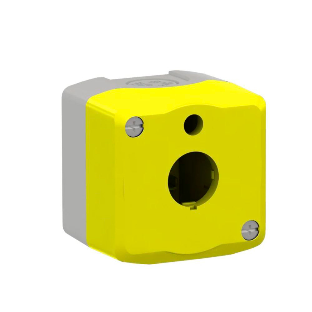Caja 1 Hueco Amarillo , Base Gris , NOBY-1 CNC – Caja para Pulsador Amarilla